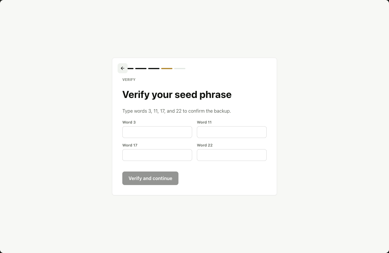 Luracoin Wallet asking for four selected recovery words to verify that the seed phrase was backed up.