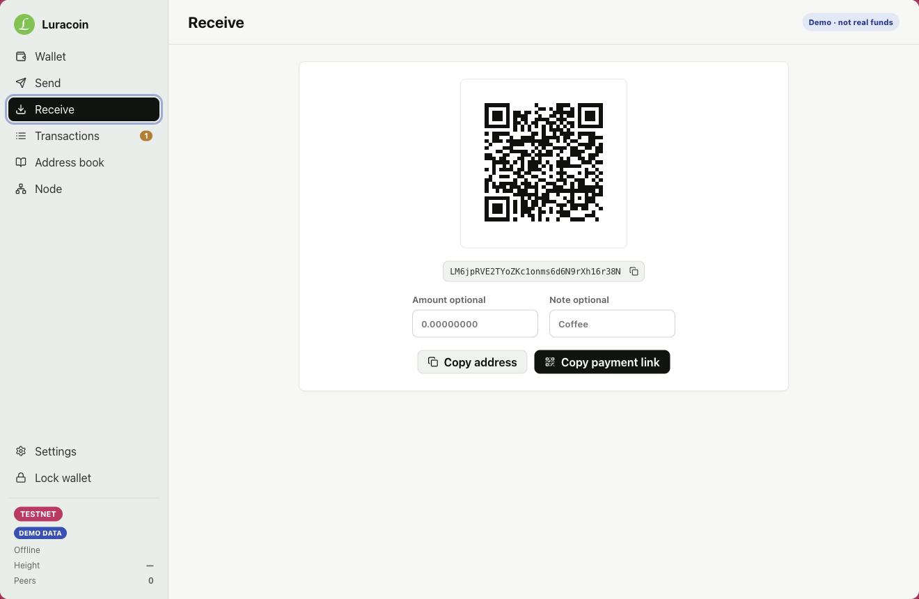 Luracoin Wallet receive screen with a testnet QR code, address, optional amount and note, and copy actions.